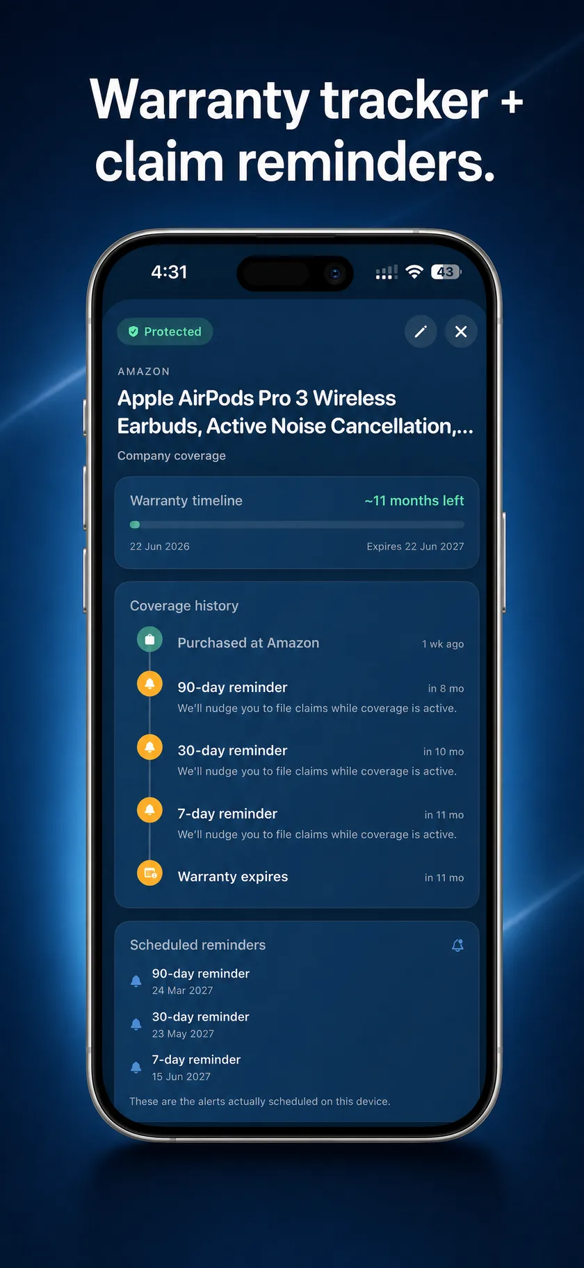 A warranty case file for AirPods Pro: coverage timeline, 90/30/7-day reminders, and the alerts actually scheduled on the device