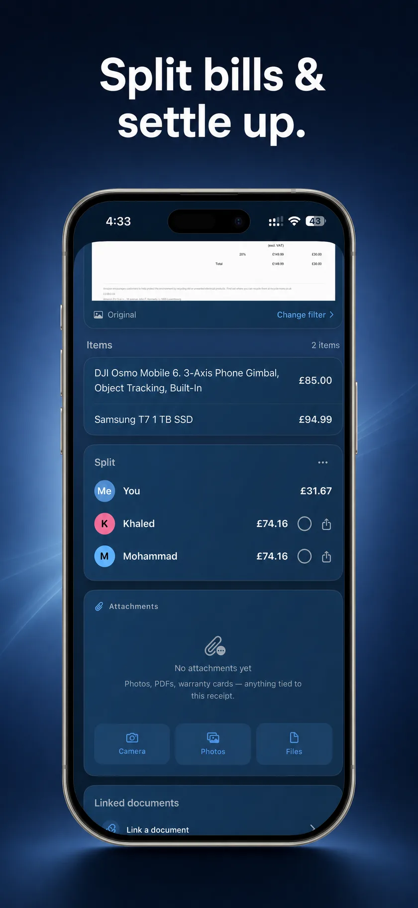 A receipt split three ways: line items tagged to Khaled and Mohammad with each person's exact share