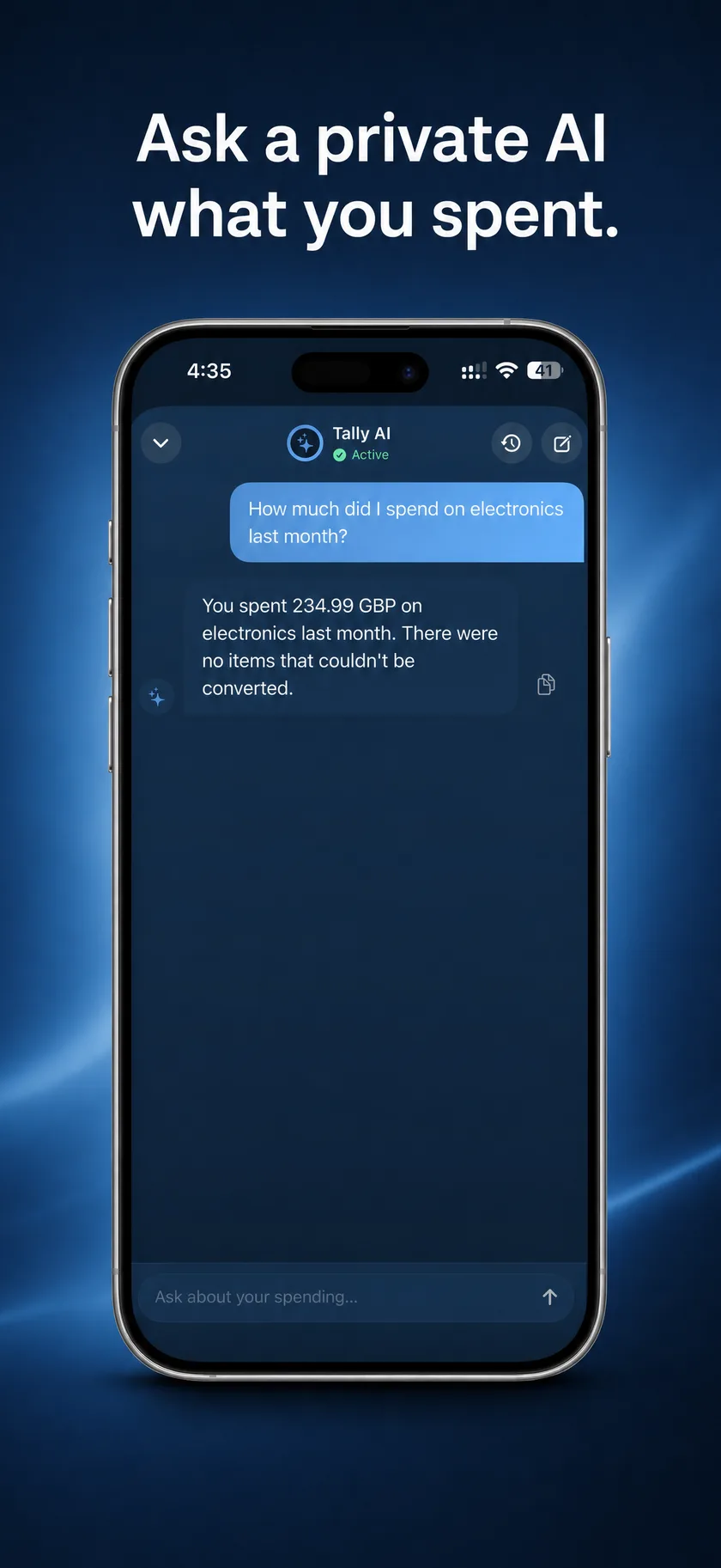 The on-device assistant answering “How much did I spend on electronics last month?” with the exact figure from the user's own receipts