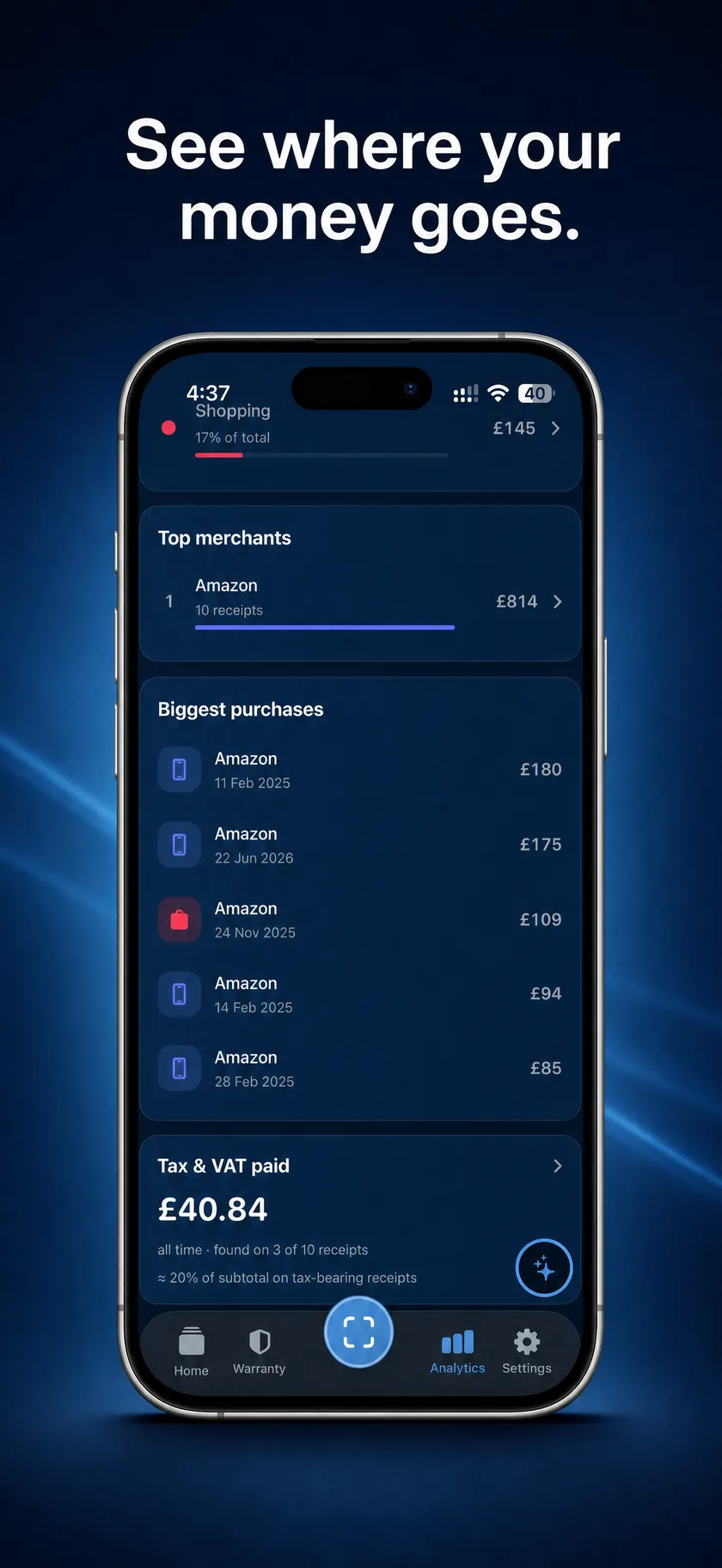Analytics: top merchants, biggest purchases, and the Tax & VAT paid roll-up